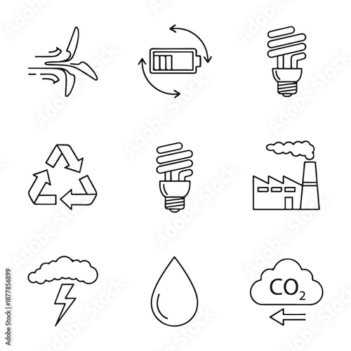 Sustainable Energy Icons: A collection of meticulously crafted line icons representing eco-friendly practices.