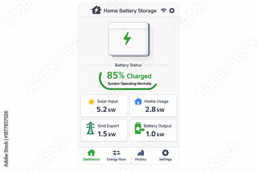 Home battery storage interface displaying solar input and battery status