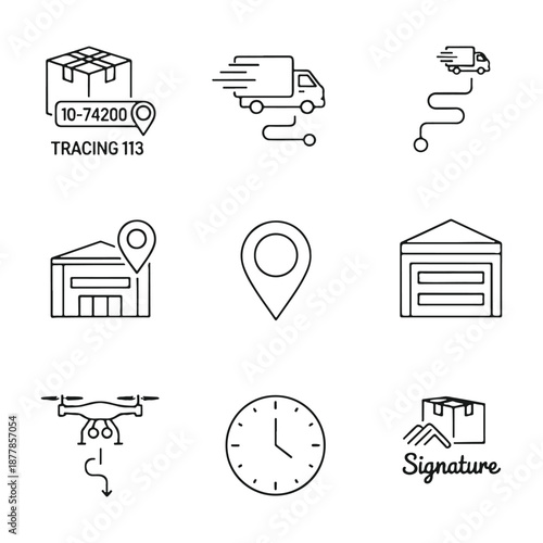 Logistics Icons: A collection of concise icons representing key elements of a comprehensive logistics network, from tracking to delivery, highlighting efficiency and precision.
