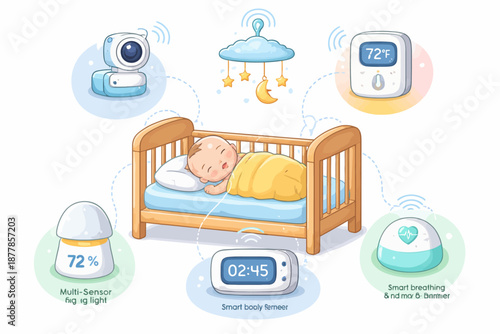 Smart nursery technology with baby sleeping in crib and digital devices