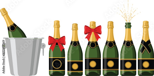 Champagne bottle clipart set with bows, ice bucket, and sparkling celebration designs for parties, events, and invitations