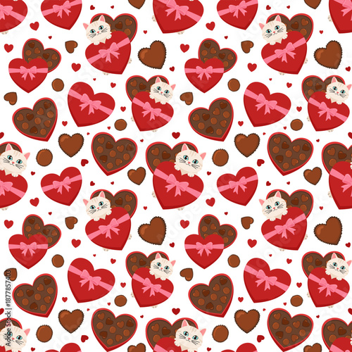 Seamless vector pattern with cute cat in gift box and winged hearts. Romantic background with envelopes for Valentine's Day, birthday surprise and children's textile.