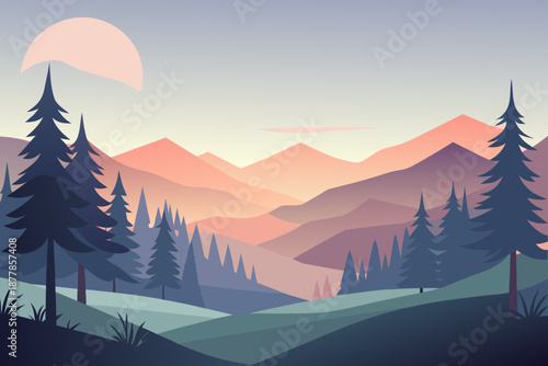 Minimal soft background of a peaceful forest with purple and pink mountains and green trees sunset