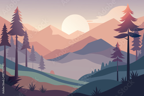 Minimal soft background of a peaceful forest with purple and pink mountains and trees at sunset 1