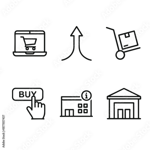 E-commerce Elements: A minimalist collection of line-drawn icons captures the essence of online shopping and logistics