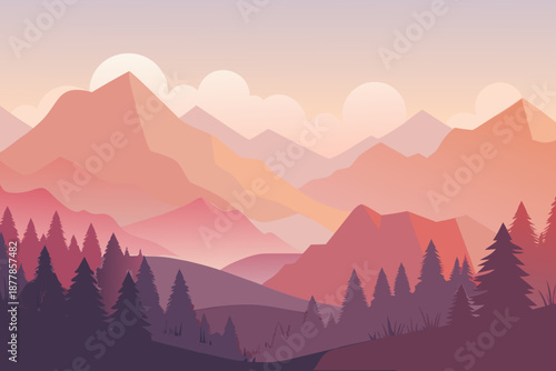 Minimal soft landscape showing a distant forest and mountains with warm sunset tones