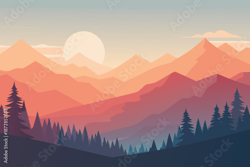 Minimal Soft Landscape with Distant Forest and Mountain Range at Sunset mountains trees
