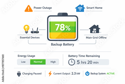 Backup battery status screen displaying power outage and main grid offline
