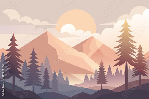 Soft Minimal of a Quiet Forest with Sunrise and Mountains trees sunset