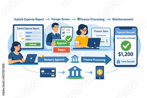 Expense report workflow and finance processing with diverse office team