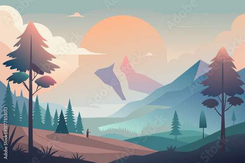 Ultra soft minimal of a serene mountain landscape with a person standing in a forest at sunset trees