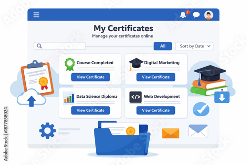 Online certificate management dashboard with course completion and digital marketing options