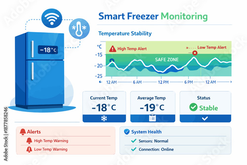 Smart freezer monitoring system displaying temperature stability and alerts status