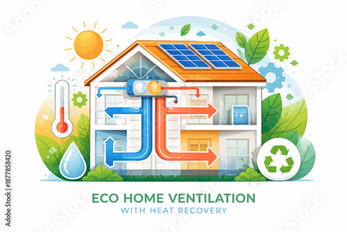 Eco-friendly home ventilation system with heat recovery and solar panels