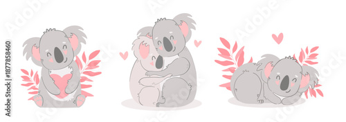 Cute funny cartoon Koala in  love. Animals character with hearts. Valentine day romantic drawing. Kids baby design.