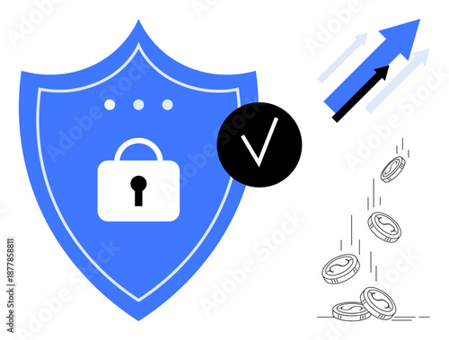 Data security, financial growth, investment protection, cyber safety, secure transactions, digital currencies. Blue shield with lock, checkmark coins and an upward arrow. Data security