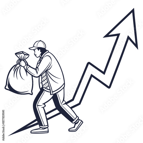 Worker climbing with bag and arrow