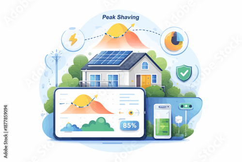 Smart home energy management with solar panels and battery storage visualization