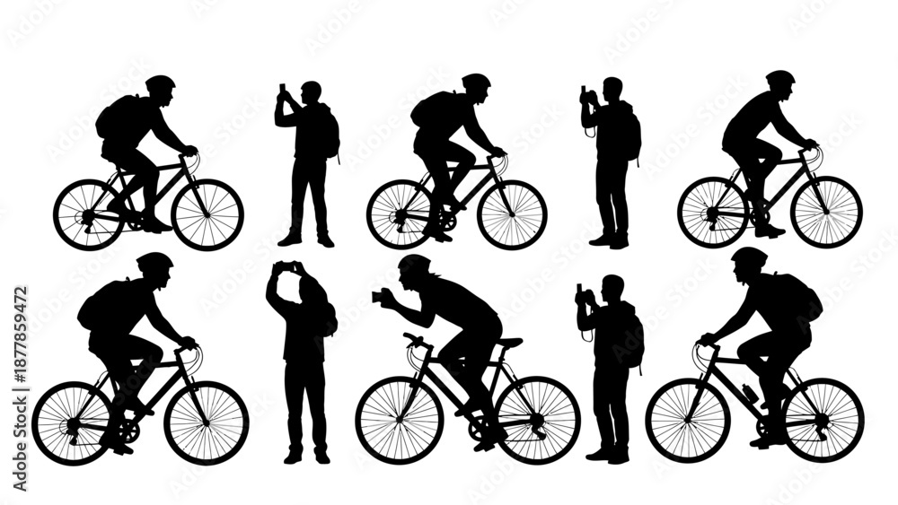 Obraz premium Vector illustration of a mountain bike silhouette featuring an extreme sport cyclist in action riding a bicycle with a helmet and wheel