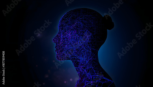 Digital Human Profile with Abstract Network Lines and Glow Effects