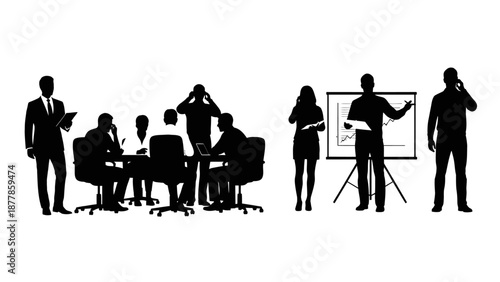 Business people, office workers, meeting silhouettes, teamwork icons, black vector illustrations