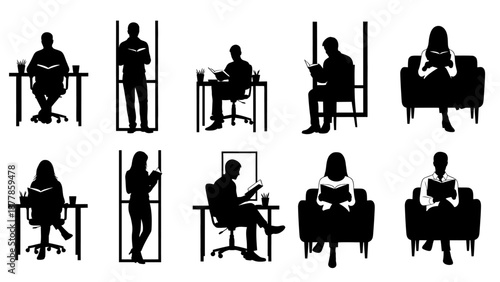Vector illustration of business people silhouettes including a businessman and woman sitting at a restaurant table with a computer and coffee