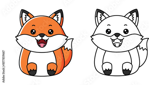 Cute cartoon fox vector illustration set, happy orange sitting fox character with black and white outline version for coloring book page, kawaii animal mascot isolated on white background