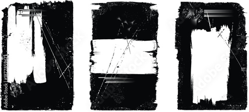 Distressed masks overlays set, rough edges, grunge textured space for text. Grungy poster layers set. Design element for brochure, social media, posters, flyers. Overlay texture.
