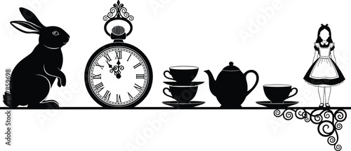 Alice in Wonderland inspired silhouette illustration with rabbit, pocket watch, tea set and girl, fantasy story elements, black and white vector design