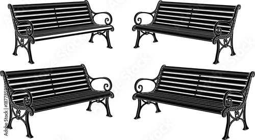 Black Silhouette Vector Set of Classic Outdoor Park Benches with Wrought Iron Details Isolated on White Background for Garden Landscape and Public Seating Design