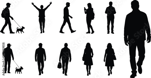Black Silhouette Vector Set of People Walking Alone or with Dogs Carrying Backpacks and Celebrating for Urban Lifestyle Outdoor Activities and Community Graphic Design