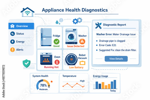 Smart appliance health diagnostics dashboard with alerts and reports