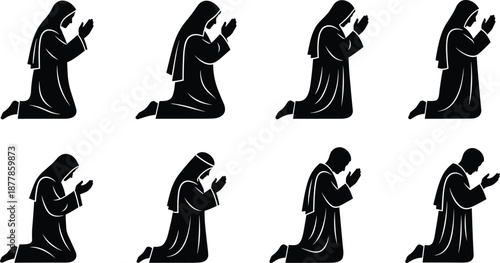 Black Silhouette Vector Set of Men and Women Kneeling in Prayer with Hands Folded Together for Religious Spiritual Faith Worship Meditation and Devotion Graphics