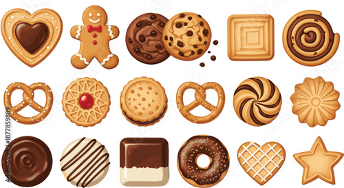 Sweet Cookie and Biscuit Icon Set with Chocolate, Gingerbread, and Pastry Desserts for Bakery Packaging, Menus, Stickers, and Food Designs