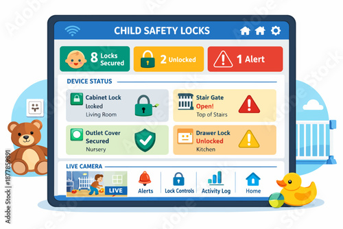 Child safety locks dashboard for home security with alerts and device status