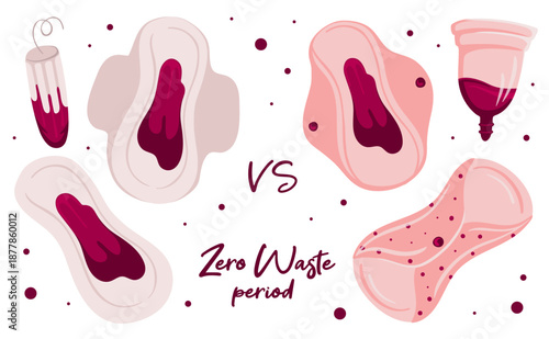 Zero waste Menstruation Period vs usual tampons and pads.  Menstrual cup and reusable pad. Vector illustration. Reusable eco friendly concept.