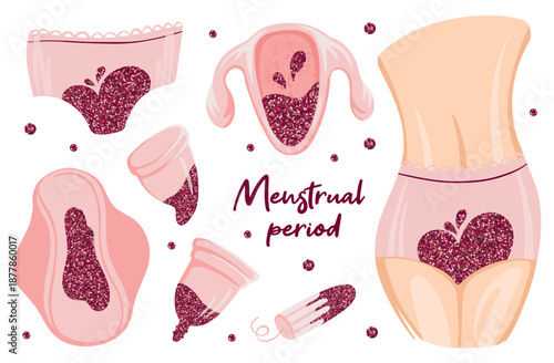 Menstruation Period with glitter blood. Hygiene products. Zero waste panties, pads, cups. Menstrual protection, feminine hygiene. Hand drawn vector illustration isolated.