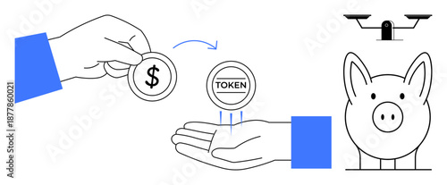 Cryptocurrency, blockchain, digital finance, savings, tokenization, payment systems. A hand exchanging a dollar coin for a token near a piggy bank. Cryptocurrency and blockchain concept