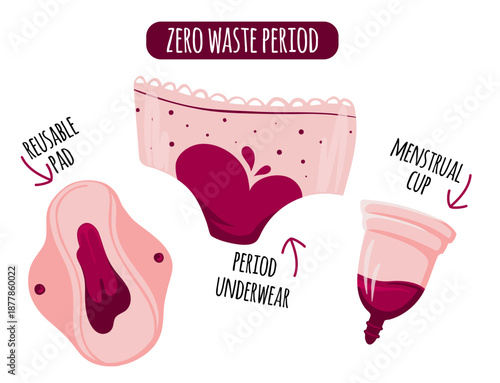 Zero waste Menstruation Period  Menstrual cup and reusable pad, underwear pantiies. Vector illustration. Reusable eco friendly concept.