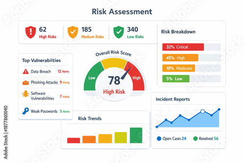 Comprehensive risk assessment dashboard with vulnerabilities and incident reports visualization