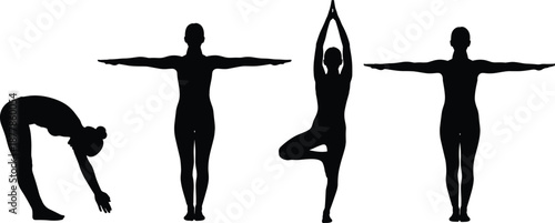 Black Yoga Silhouette Set Featuring Women in Tree Pose Standing Forward Fold and Mountain Poses Isolated Vector Icons for Wellness Health Fitness and Meditation Branding
