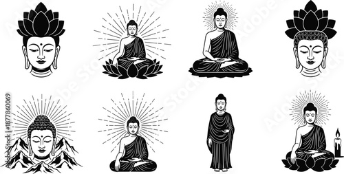 Buddha silhouette and meditation icons collection with lotus flower, enlightenment aura, spiritual zen symbols, minimalist black vector illustration