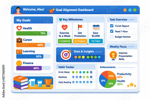 Goal alignment dashboard interface for personal productivity and milestone tracking