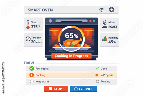 Smart oven cooking interface with roast chicken progress display