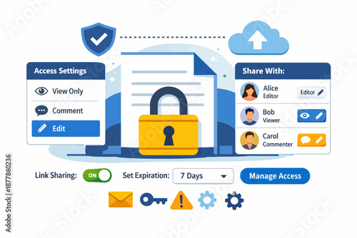 Data security illustration with access controls and file sharing options