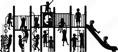 Children playing on playground silhouette collection, kids outdoor activity and climbing fun concept, park recreation scene, black and white vector illustration