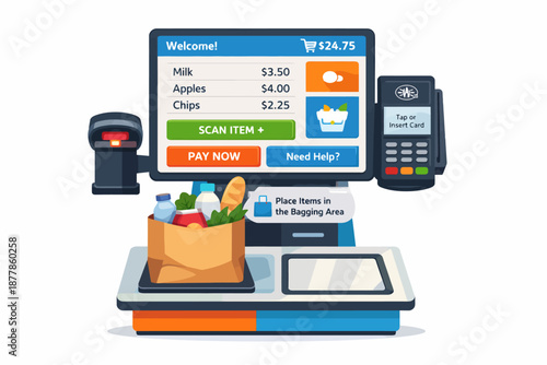 Self-checkout kiosk with grocery bag and digital screen displaying total cost