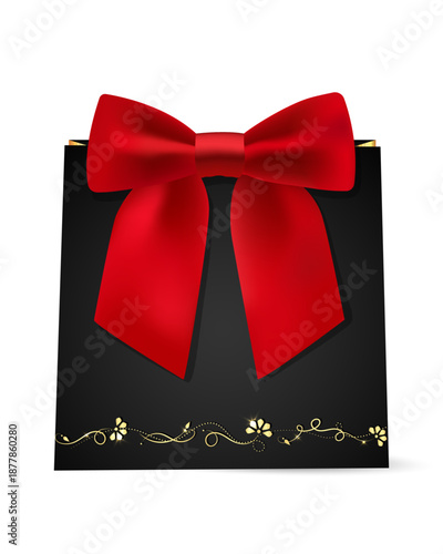 Black Gift Bag with Red Bow, Gold Floral Decor, Gift, Vip, Presentation, Mockup, Vector