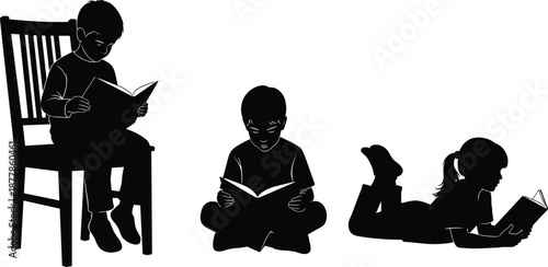 Children reading books silhouette collection, kids education and learning concept, boys and girl studying, black and white vector illustration set design artwork