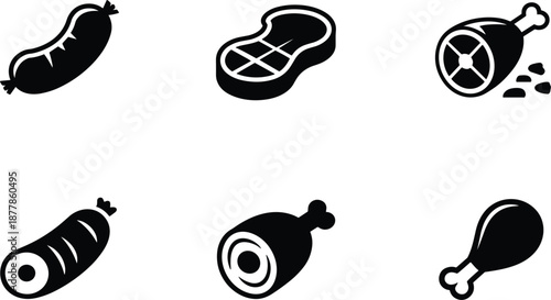 Vector meat silhouettes set featuring grilled sausages beef steak ham and poultry legs for restaurant branding